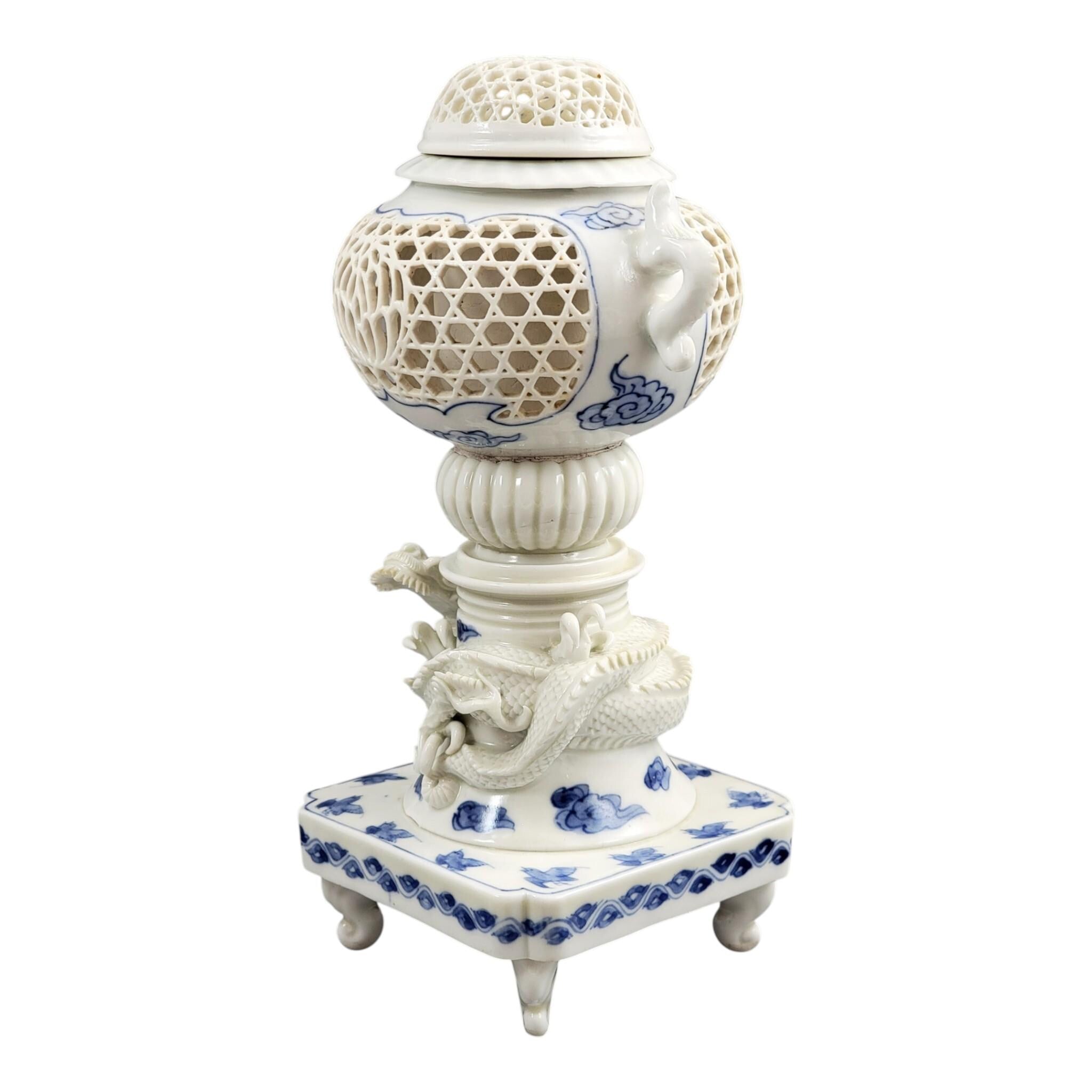 Hirado Reticulated Dragon Koro, Meiji Period Japanese Porcelain, c.1880