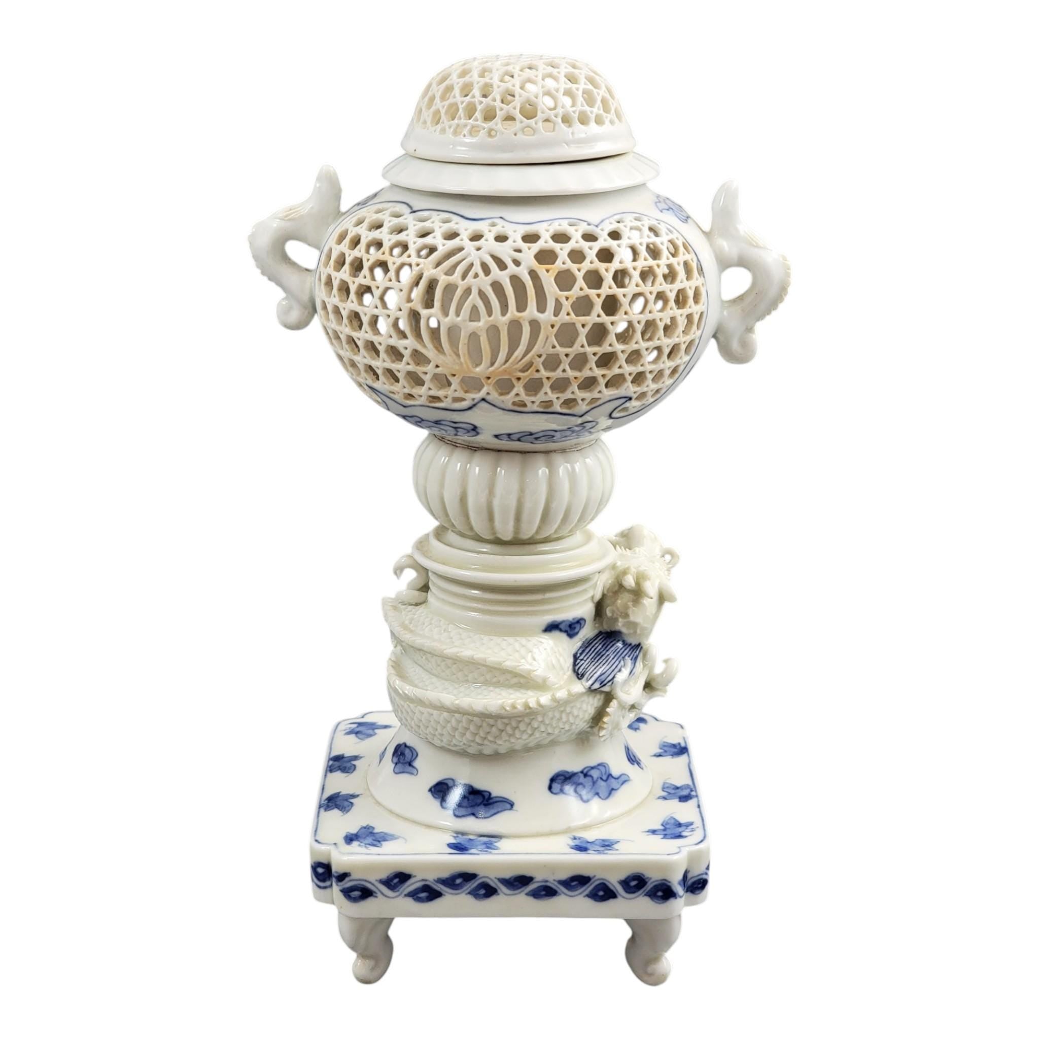 Hirado Reticulated Dragon Koro, Meiji Period Japanese Porcelain, c.1880