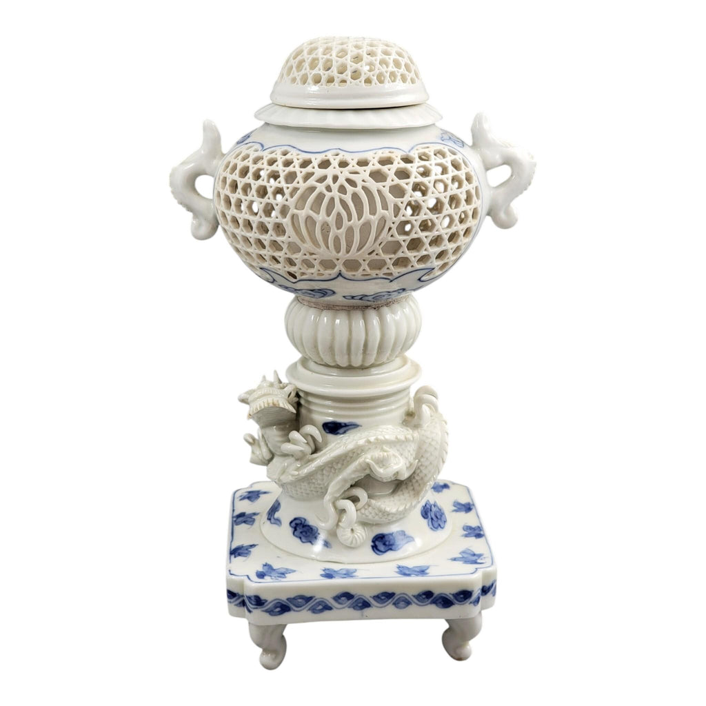 Hirado Reticulated Dragon Koro, Meiji Period Japanese Porcelain, c.1880