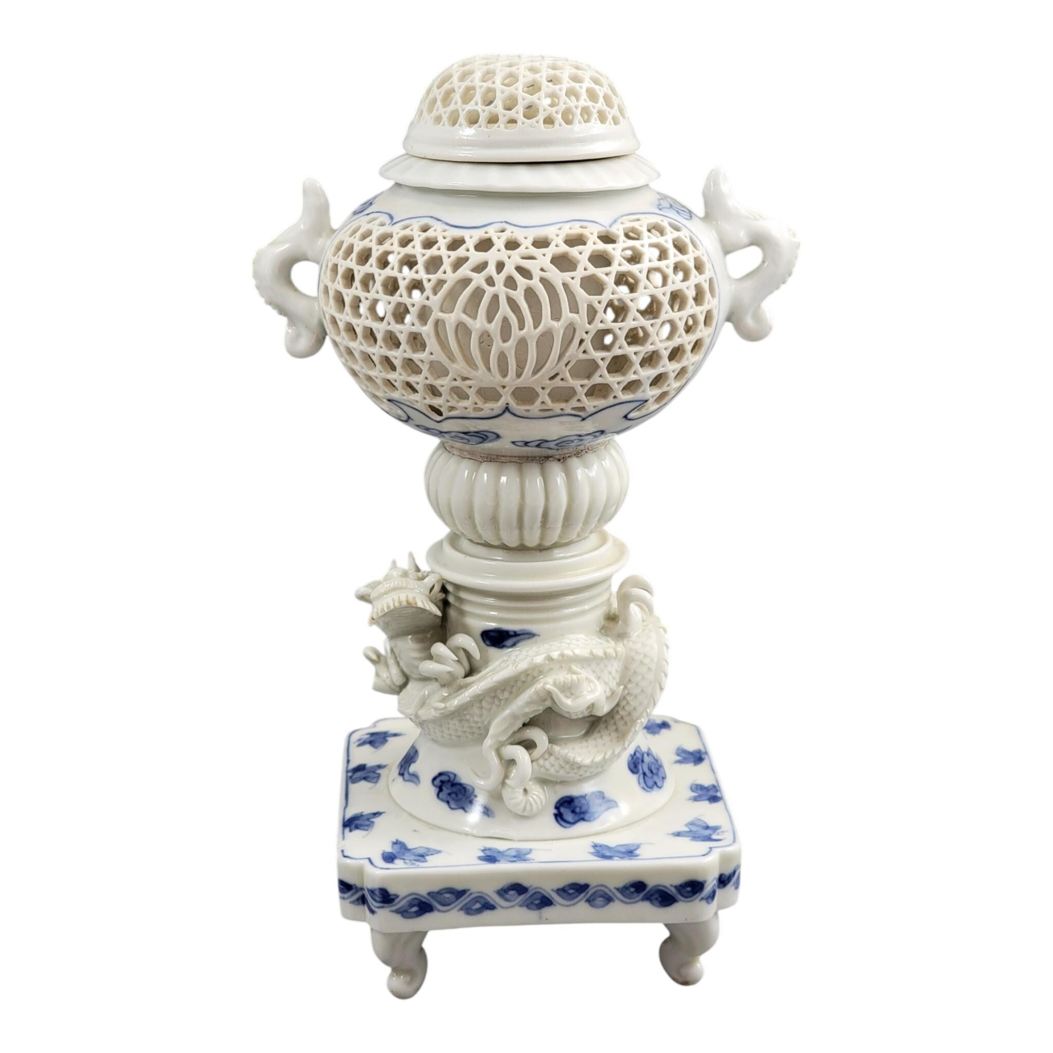 Hirado Reticulated Dragon Koro, Meiji Period Japanese Porcelain, c.1880