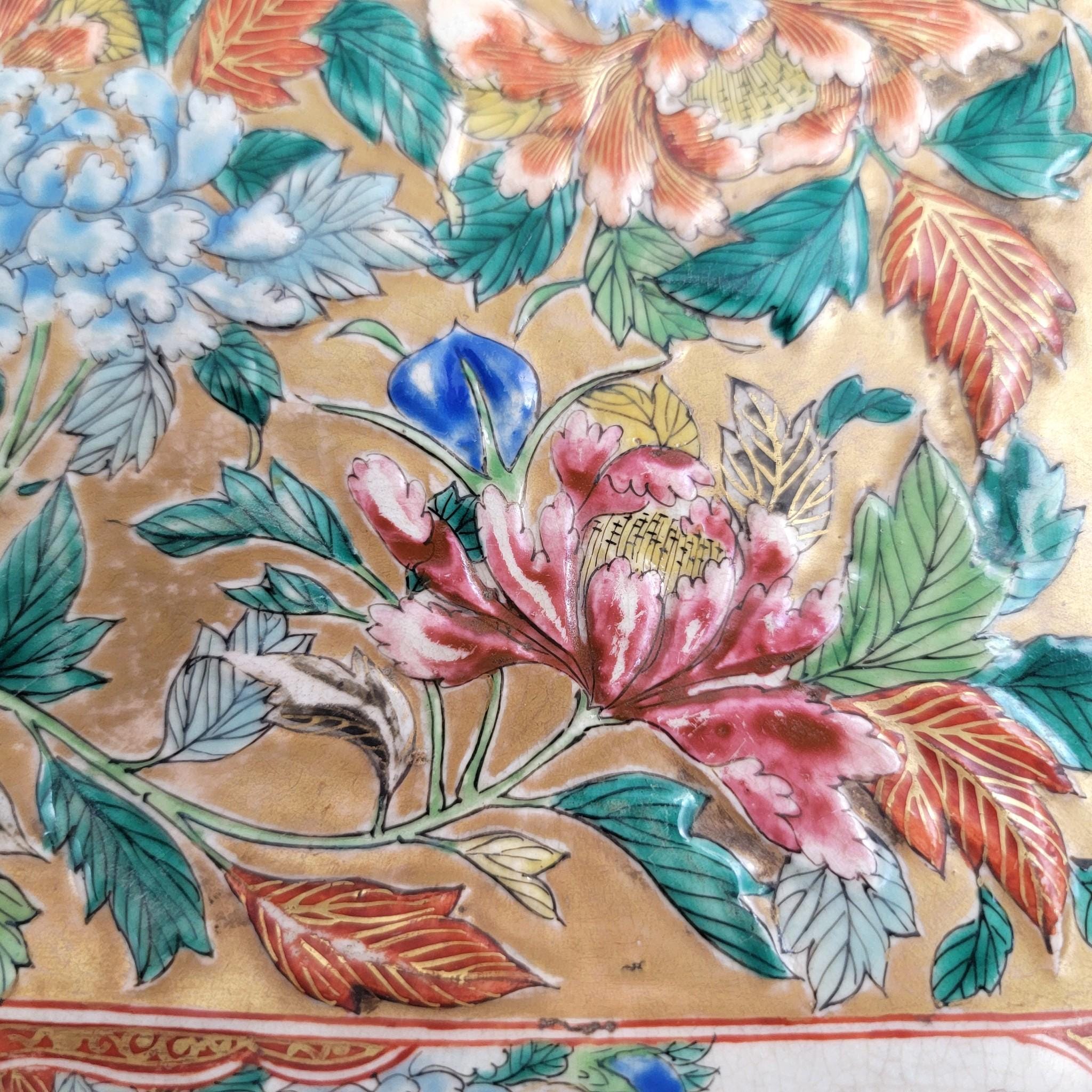 Antique Meiji Period Japanese Kutani Peony Gold Tray Platter, Shoza Style