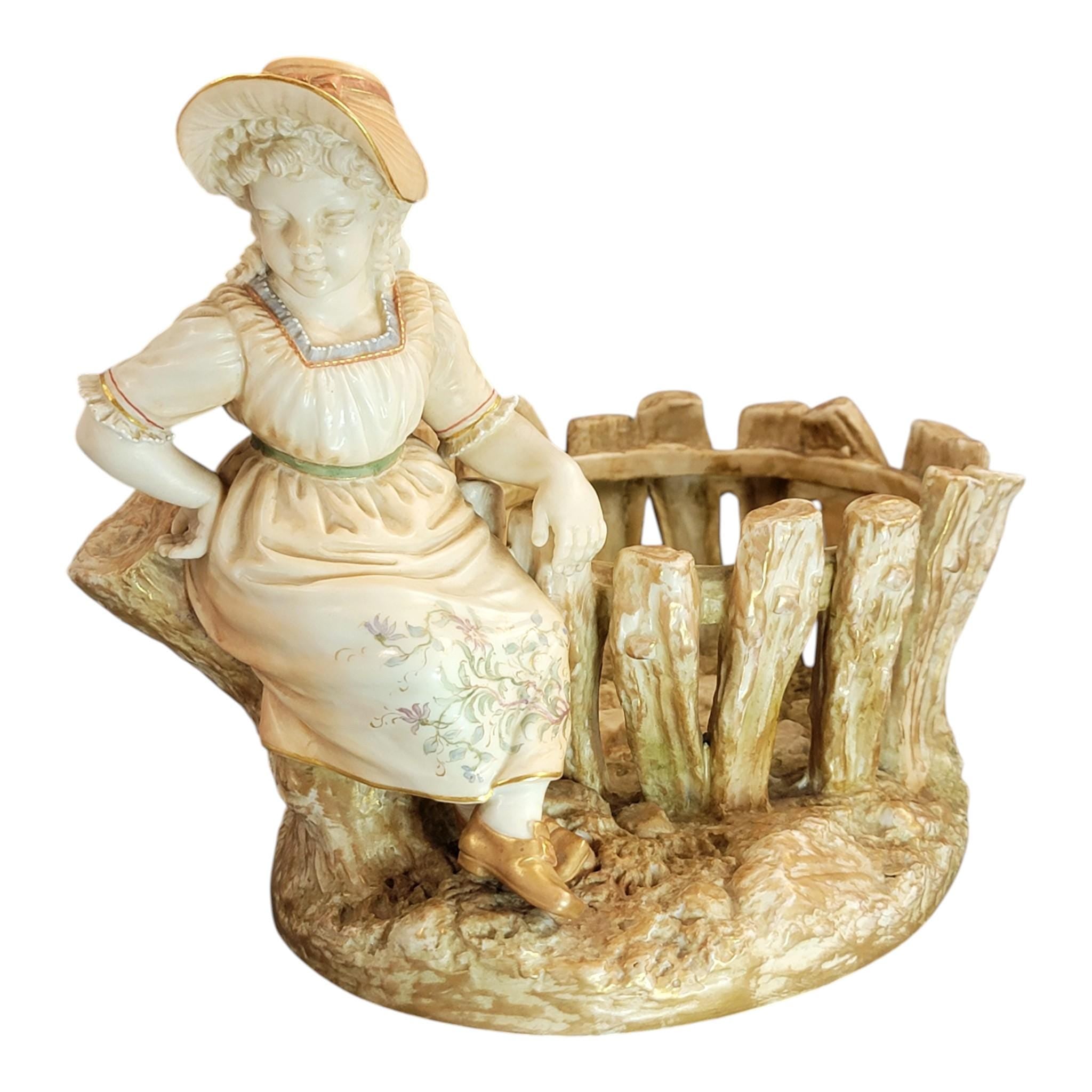Royal Worcester Figural Jardinière “Girl by the Fence”, James Hadley, 1888