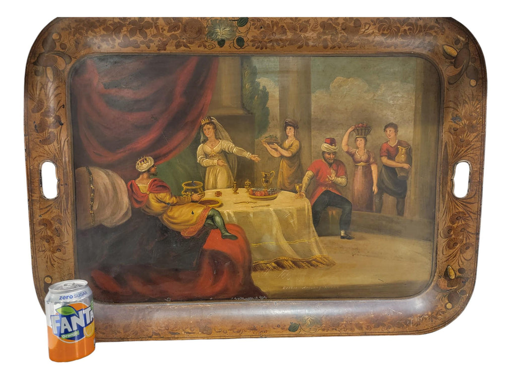 Exquisite 30" Victorian Toleware Tray, Biblical Scene, Attributed to H. Meeson