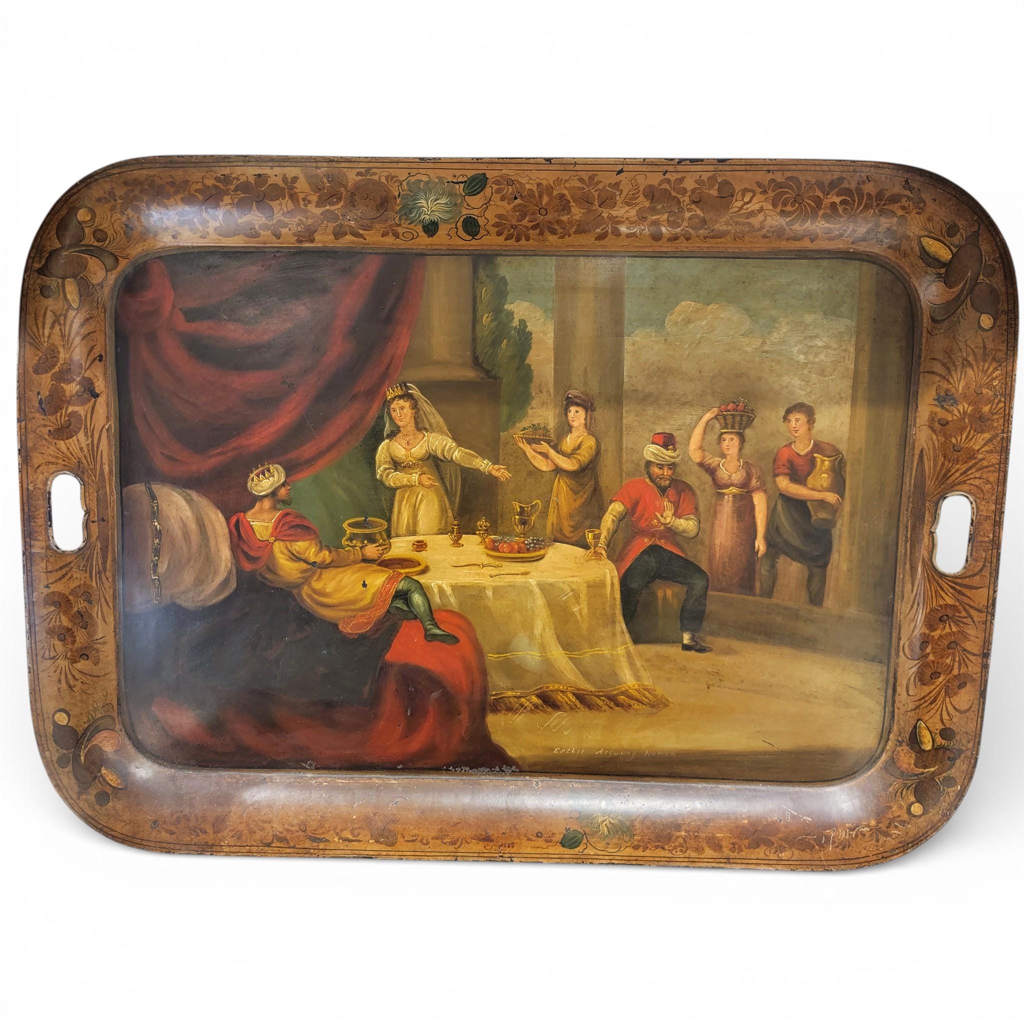 Exquisite 30" Victorian Toleware Tray, Biblical Scene, Attributed to H. Meeson