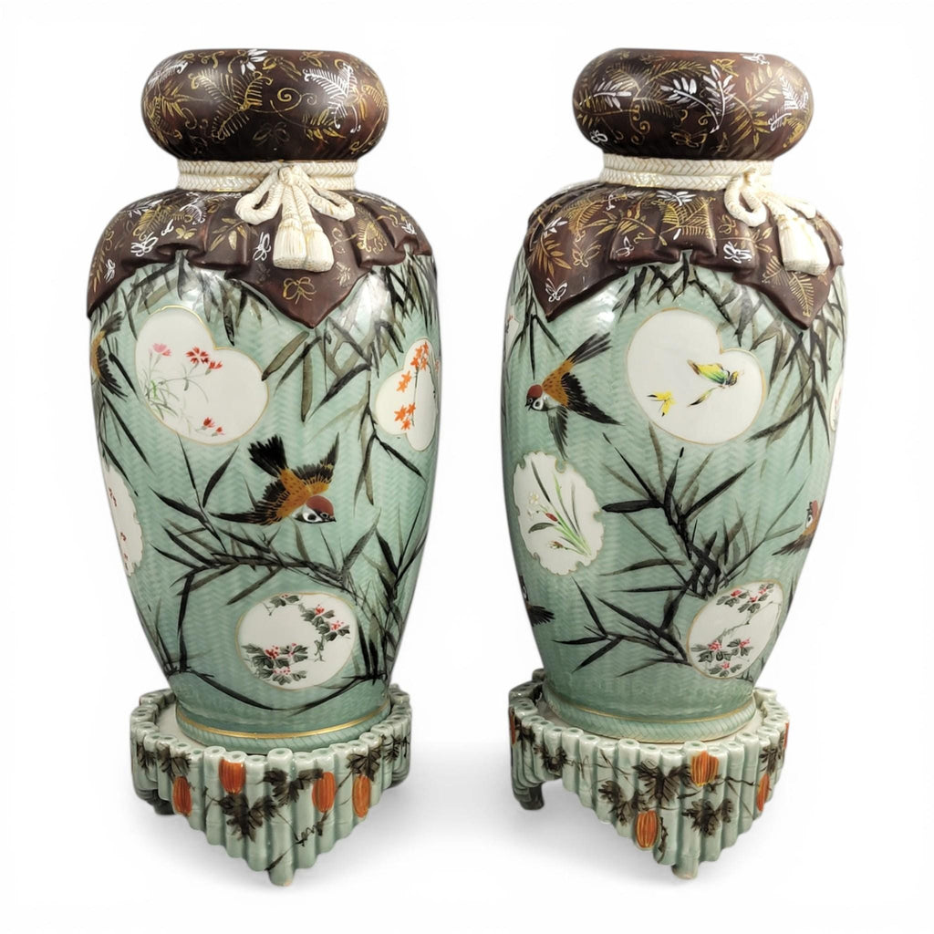 Japanese Seto porcelain vases by Kato Sanhei Meiji period on stands museum quality pair rare