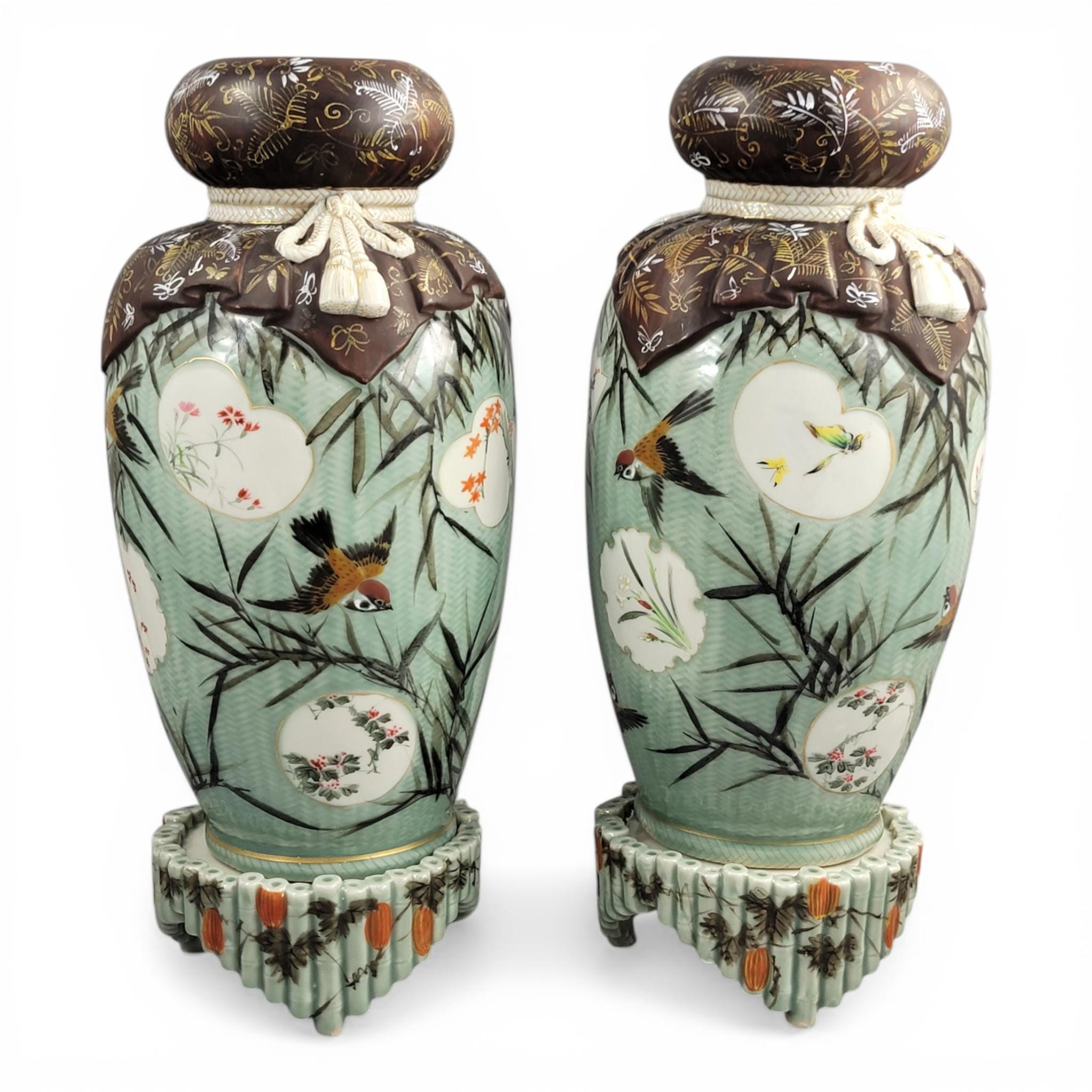 Japanese Seto porcelain vases by Kato Sanhei Meiji period on stands museum quality pair rare