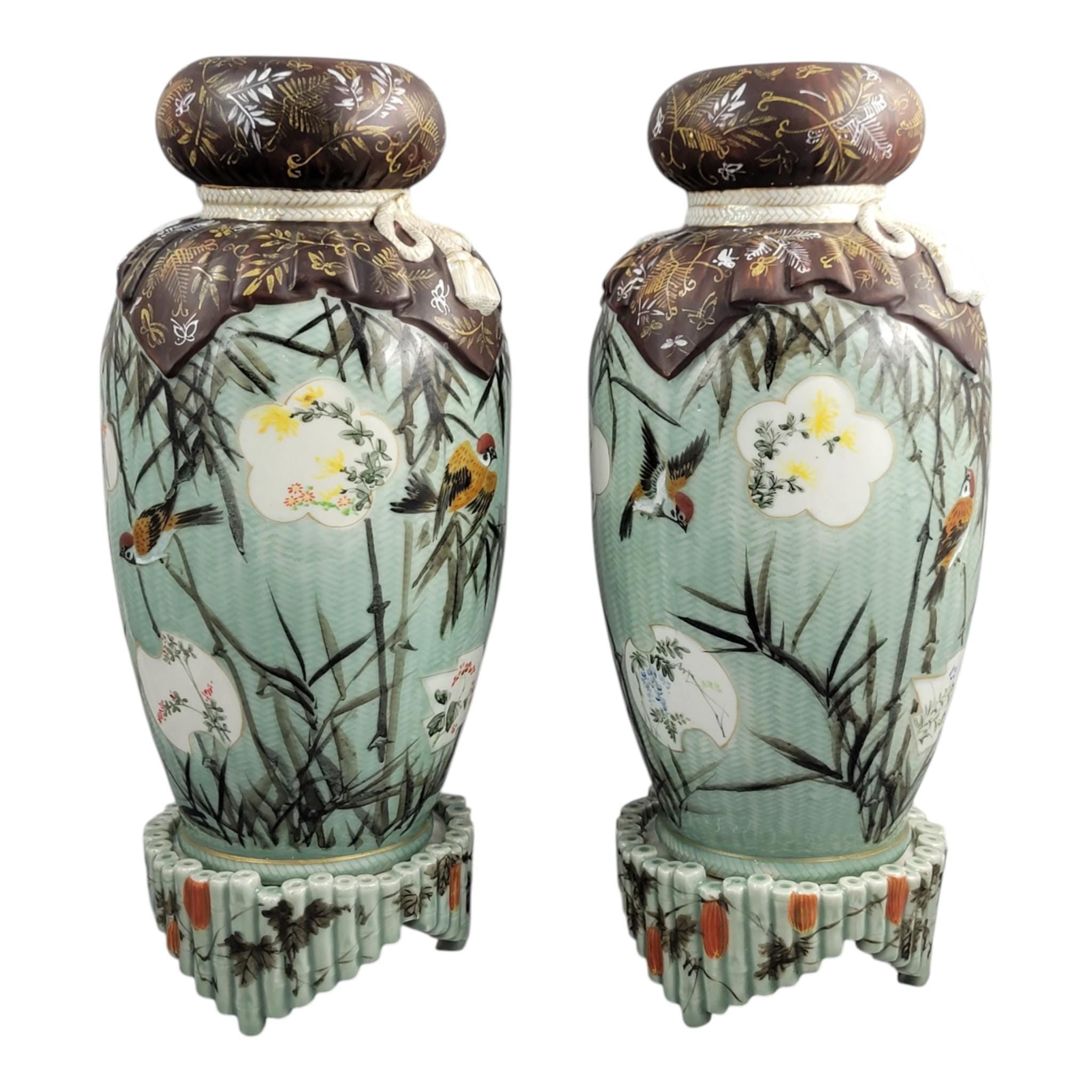 Japanese Seto porcelain vases by Kato Sanhei Meiji period on stands museum quality pair rare