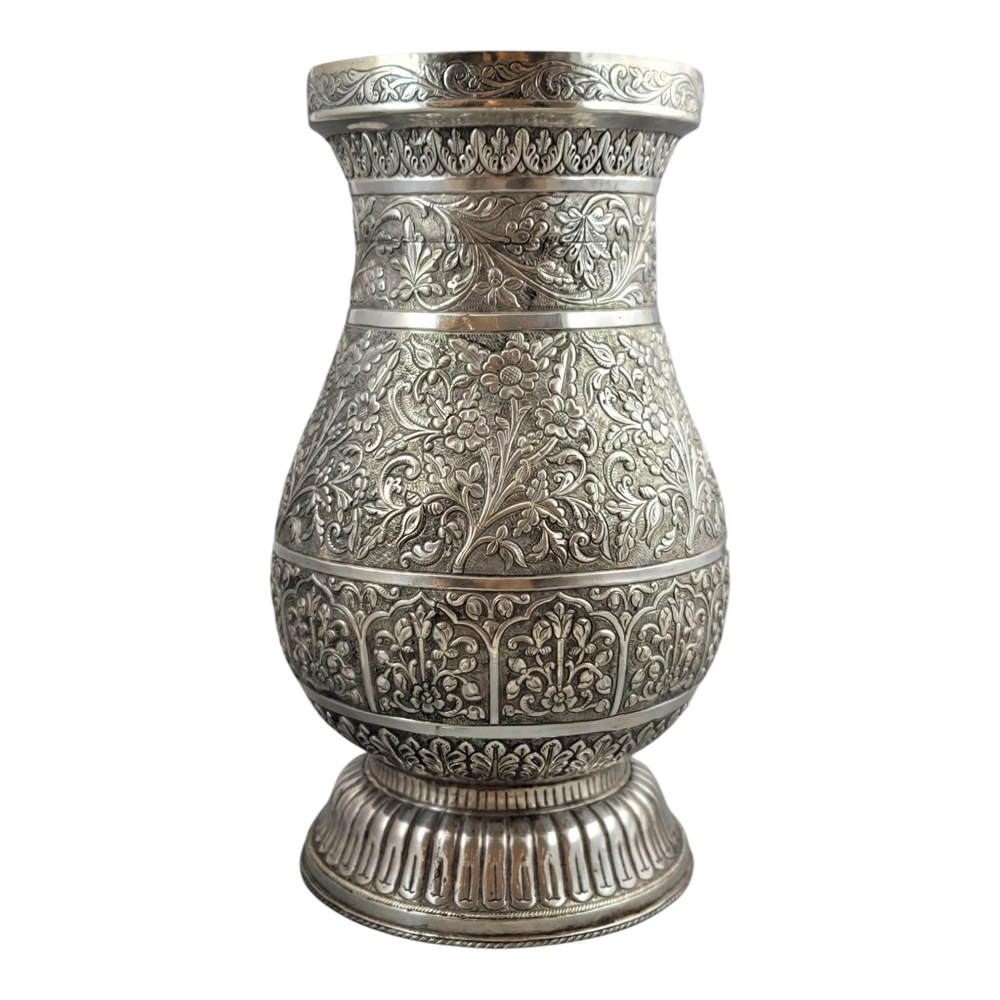 Indian silver vase Kutch Gujarat large antique repousse baluster form 3012g heavy statement piece