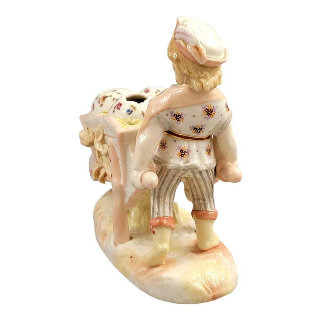 Krister KPM Waldenburg Figural Posy Holder Boy with Wheelbarrow, c. 1910