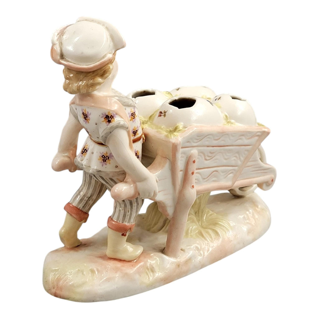 Krister KPM Waldenburg Figural Posy Holder Boy with Wheelbarrow, c. 1910