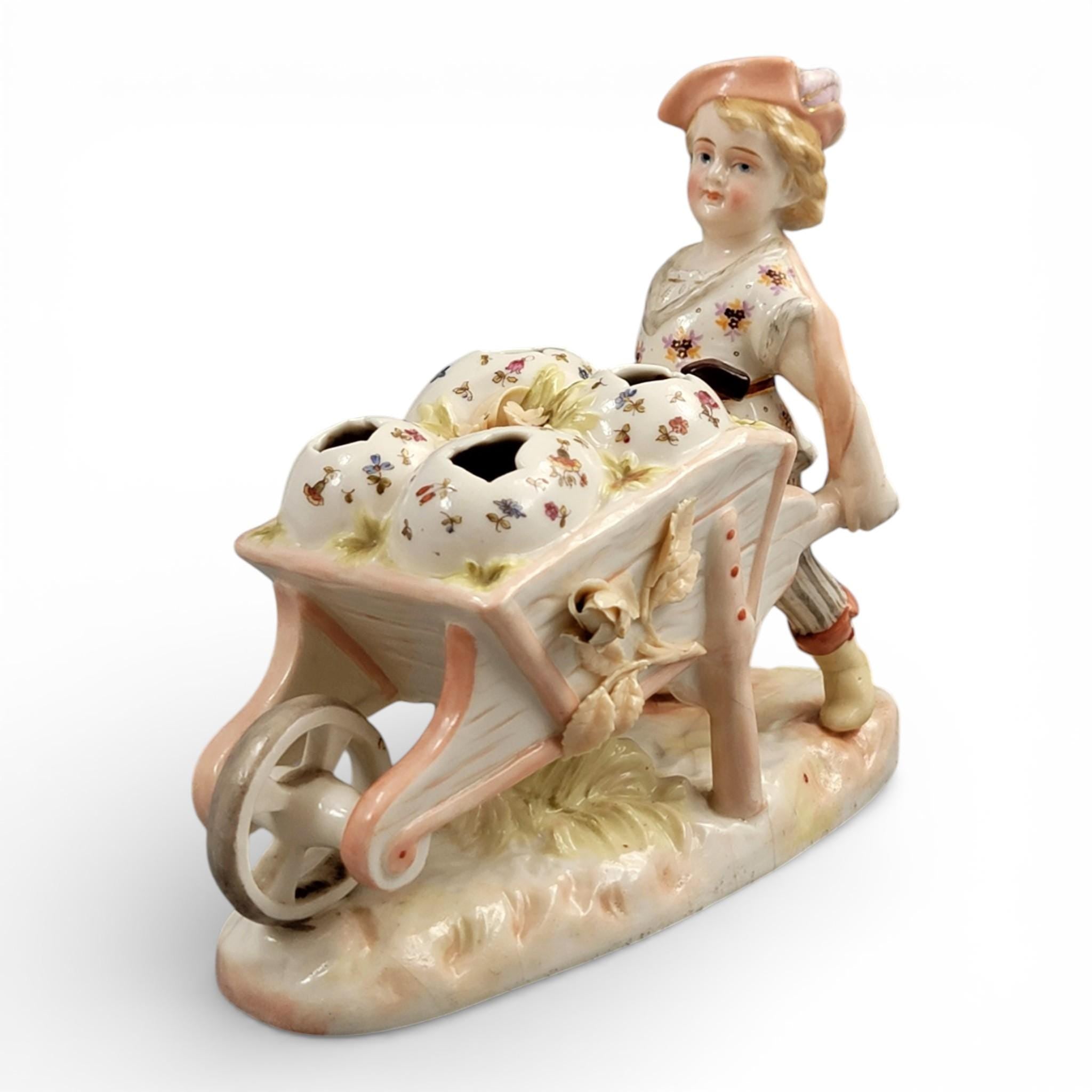 Krister KPM Waldenburg Figural Posy Holder Boy with Wheelbarrow, c. 1910