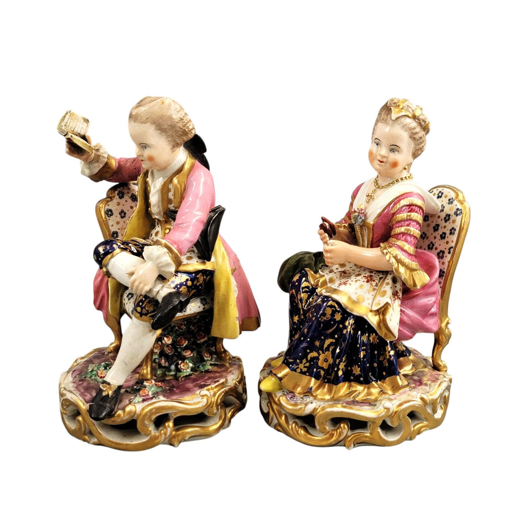 Derby Pair of Porcelain Figures “Boy Reading a Book and Girl Tatting”, c. 1785