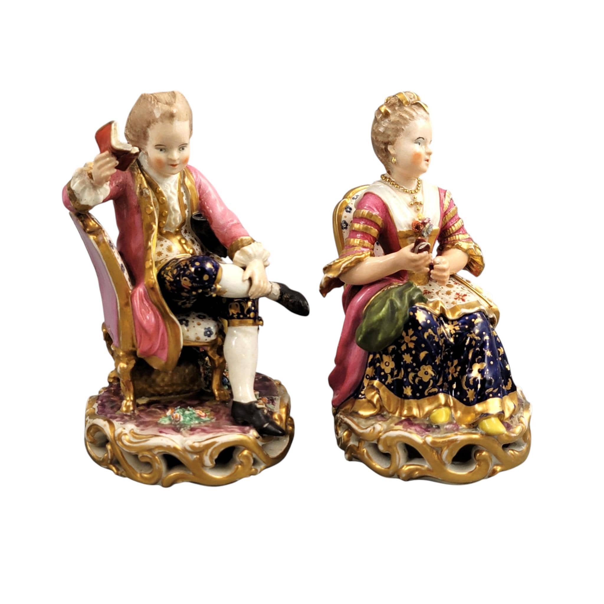Derby Pair of Porcelain Figures “Boy Reading a Book and Girl Tatting”, c. 1785