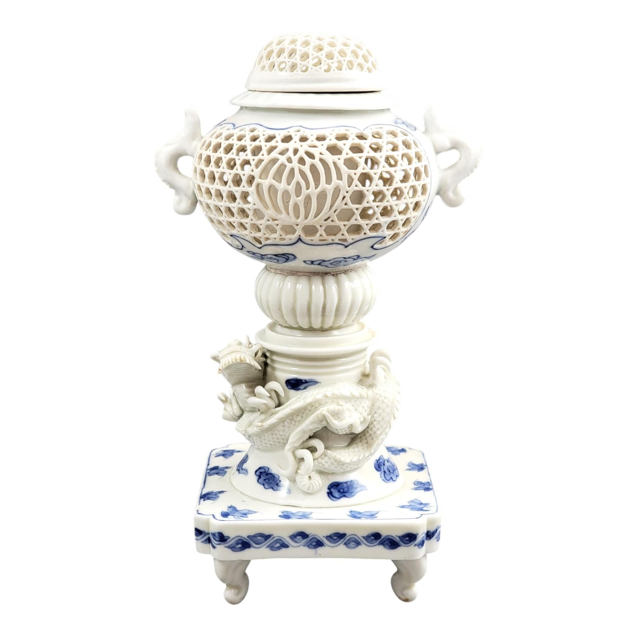 Hirado Reticulated Dragon Koro, Meiji Period Japanese Porcelain, c.1880