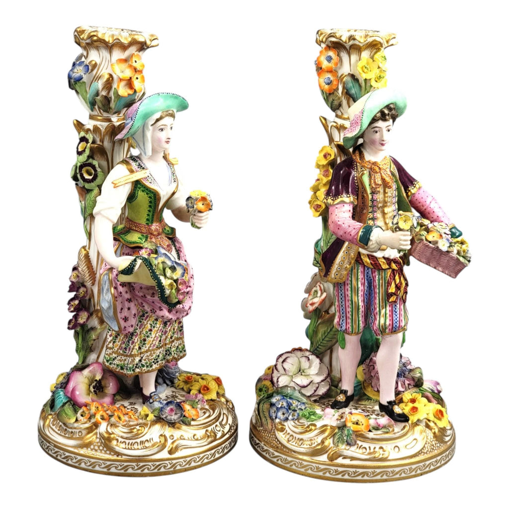 Minton figural candlesticks porcelain pair classical figures English antique rare