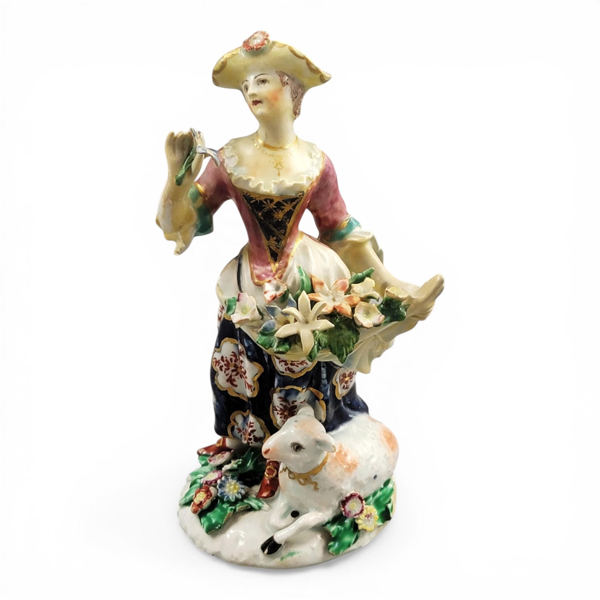 Rare Bow Porcelain Lady with Lamb Figure, c.1760