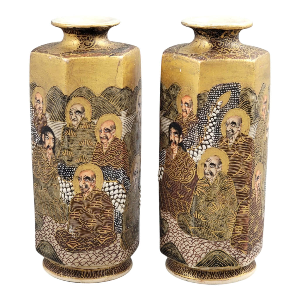 Pair of Japanese Satsuma vases with Rakan, dragon and moriage, Meiji–Taisho period
