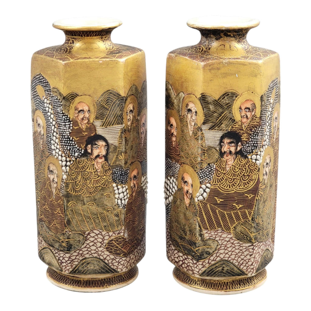 Pair of Japanese Satsuma vases with Rakan, dragon and moriage, Meiji–Taisho period