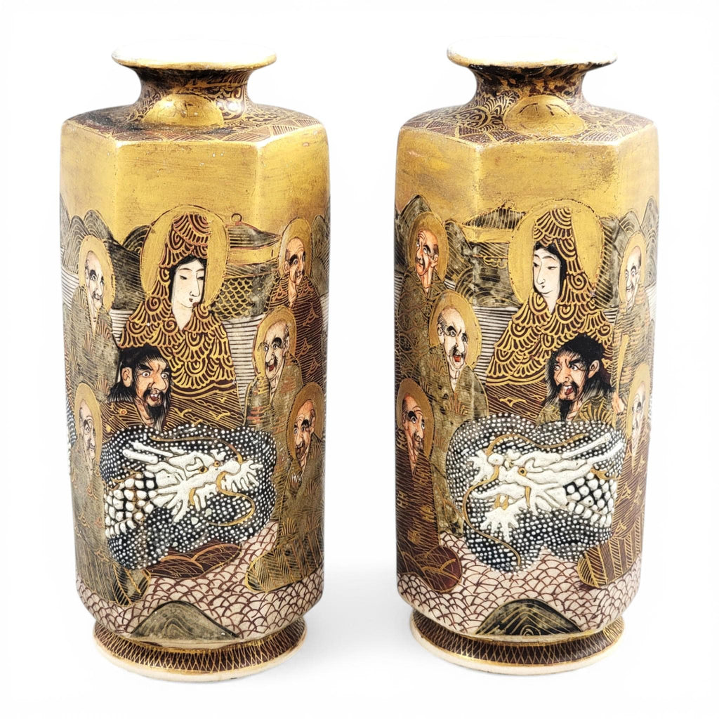 Pair of Japanese Satsuma vases with Rakan, dragon and moriage, Meiji–Taisho period