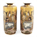 Pair of Japanese Satsuma vases with Rakan, dragon and moriage, Meiji–Taisho period