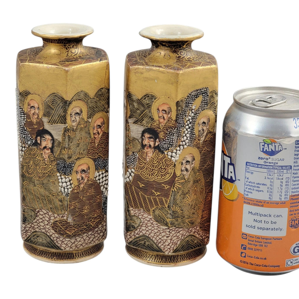 Pair of Japanese Satsuma vases with Rakan, dragon and moriage, Meiji–Taisho period
