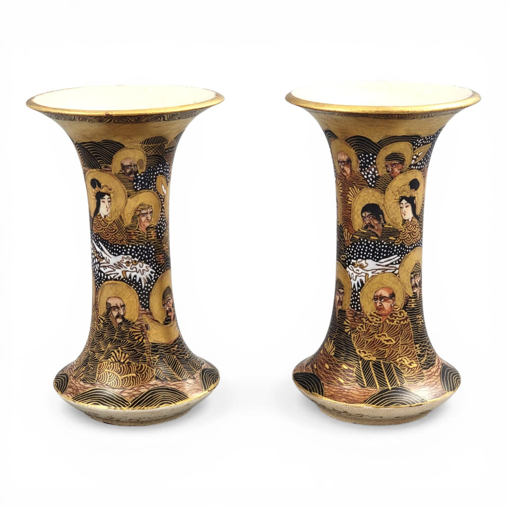 Pair of Japanese Satsuma Hododa vases with Rakan, dragon and moriage, Meiji period