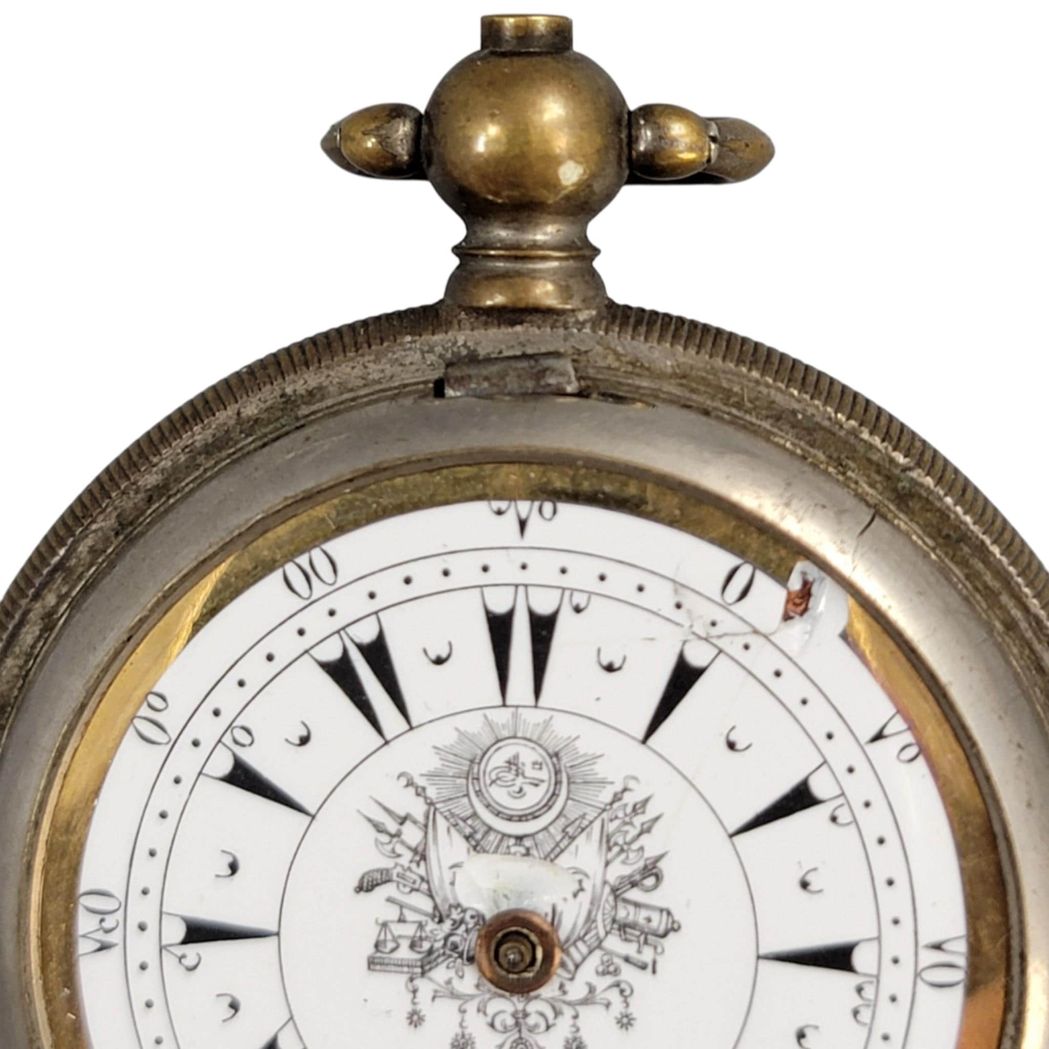 Antique Ottoman silver pocket watch — Cyrillic «МАКЕДОНИЈА» & military coat of arms — Swiss c. 1882–1912 — with original beaded pouch