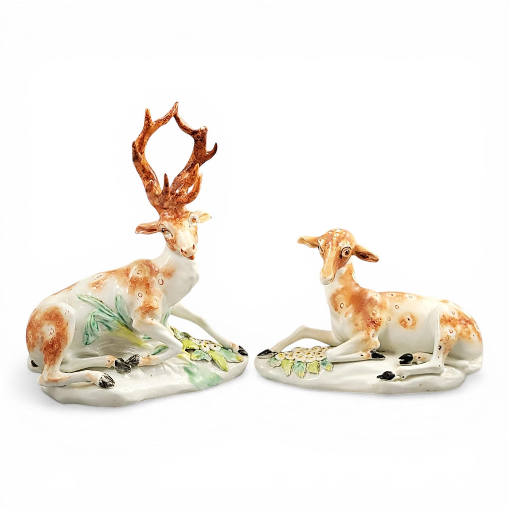 Rare Derby porcelain deer pair “Stag and Doe at Lodge”, c.1765–1770