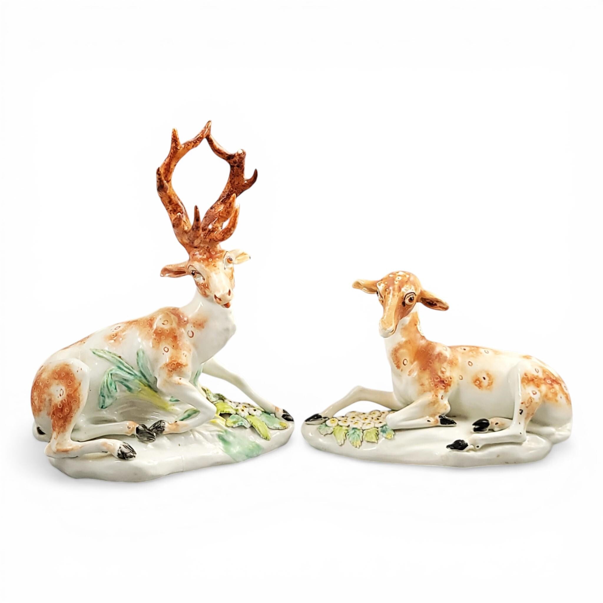 Rare Derby porcelain deer pair “Stag and Doe at Lodge”, c.1765–1770
