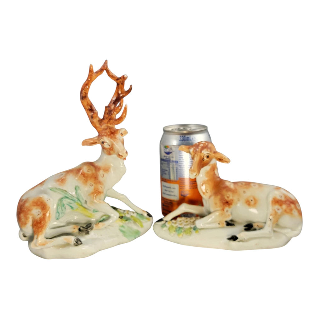 Rare Derby porcelain deer pair “Stag and Doe at Lodge”, c.1765–1770