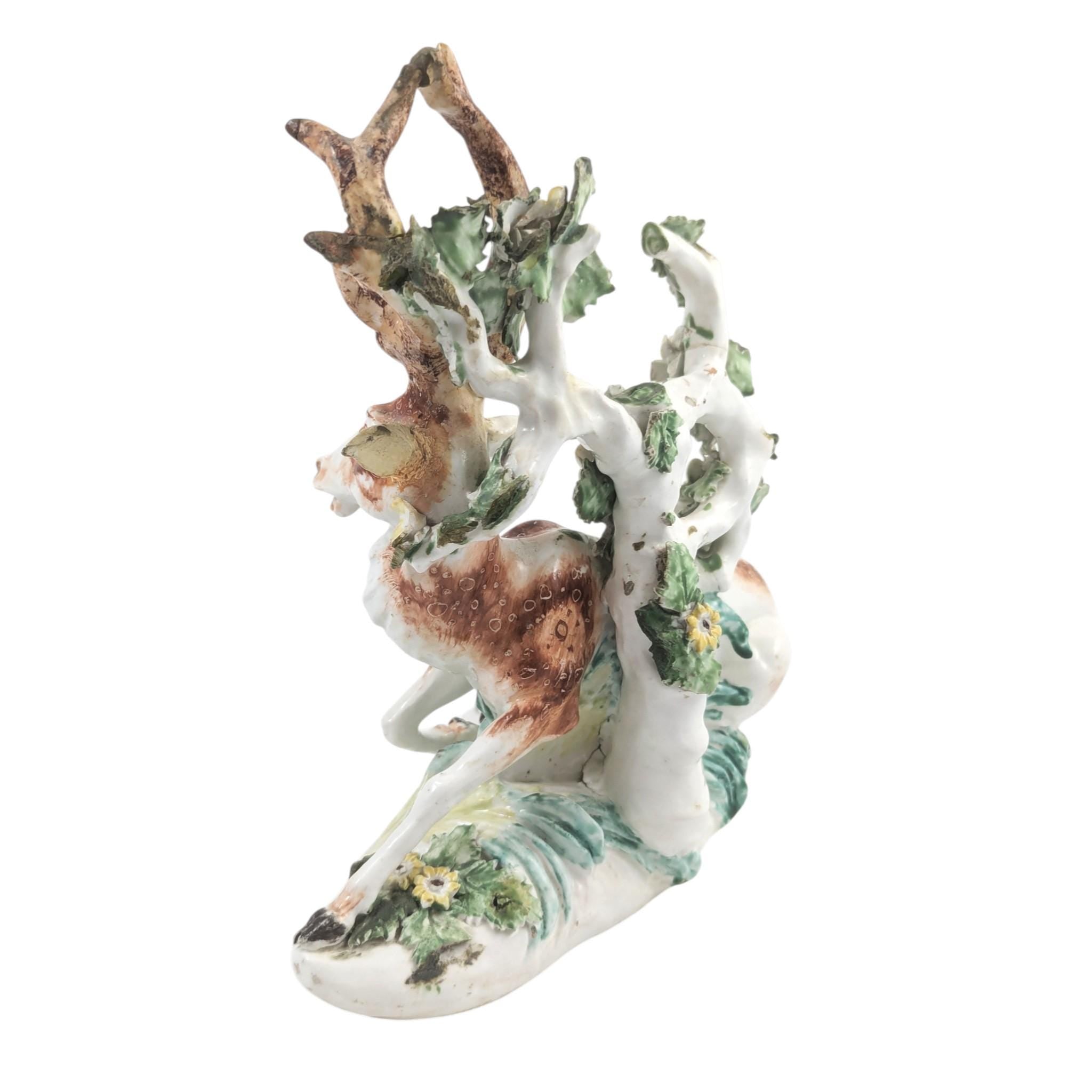 Antique English Derby porcelain stag, 18th century deer figure with bocage