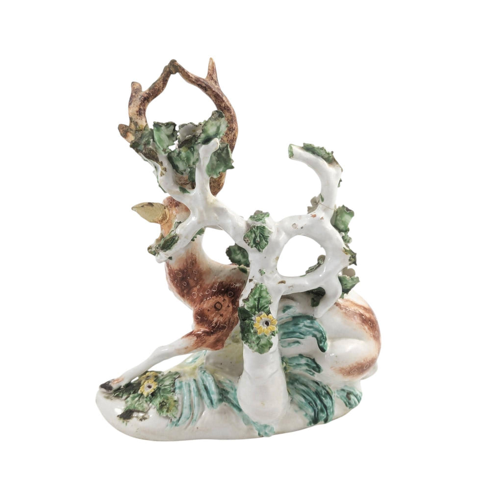 Antique English Derby porcelain stag, 18th century deer figure with bocage