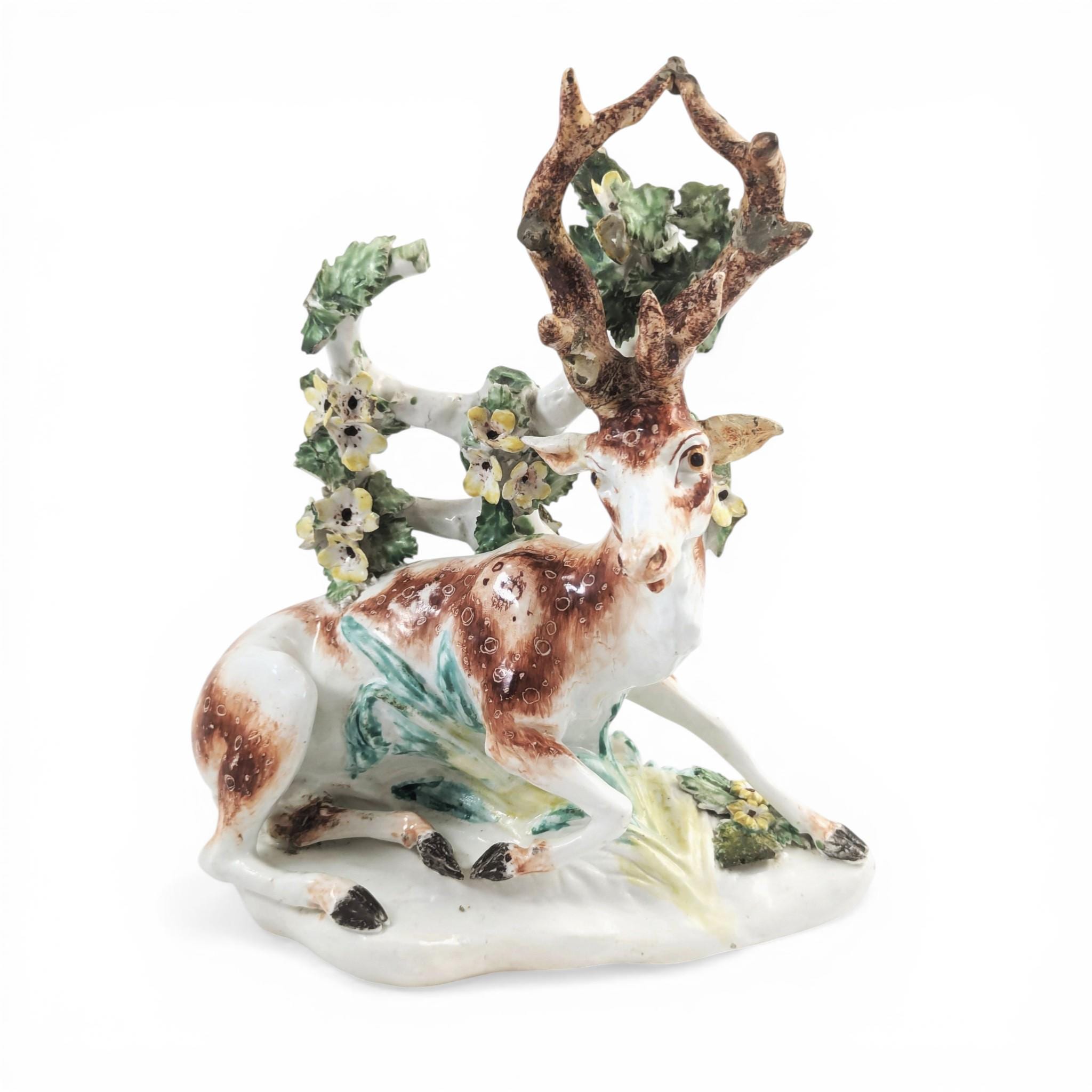 Antique English Derby porcelain stag, 18th century deer figure with bocage