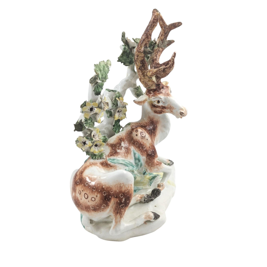 Antique English Derby porcelain stag, 18th century deer figure with bocage