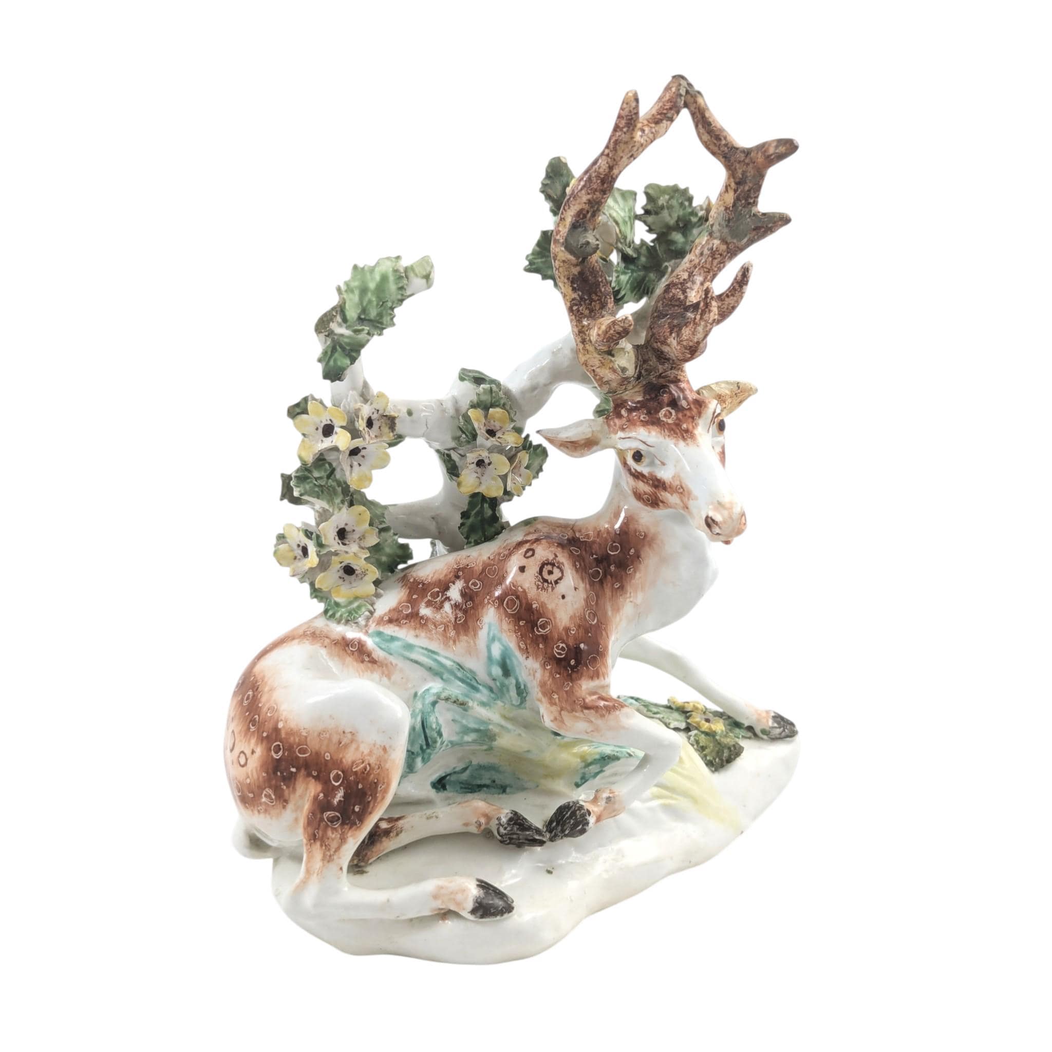 Antique English Derby porcelain stag, 18th century deer figure with bocage