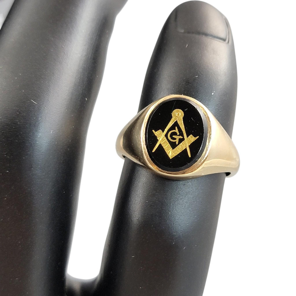 Vintage Masonic Gold Signet Ring with Onyx, Birmingham 1976