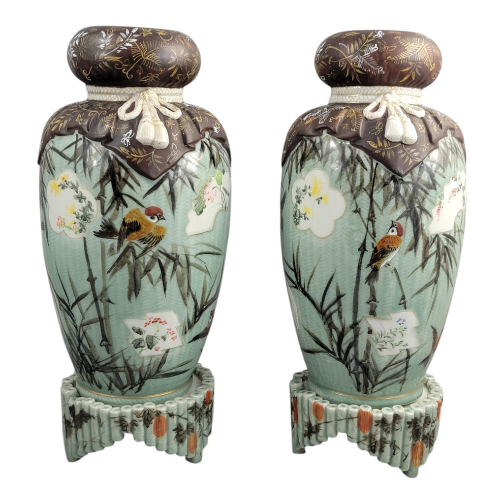 Japanese Seto porcelain vases by Kato Sanhei Meiji period on stands museum quality pair rare