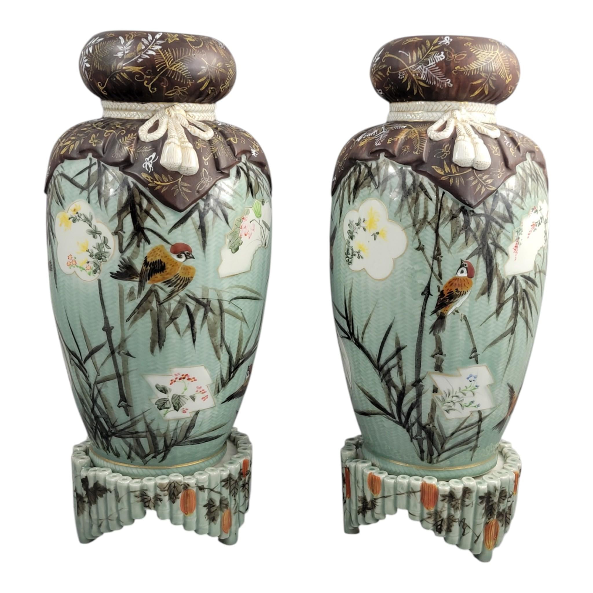 Japanese Seto porcelain vases by Kato Sanhei Meiji period on stands museum quality pair rare