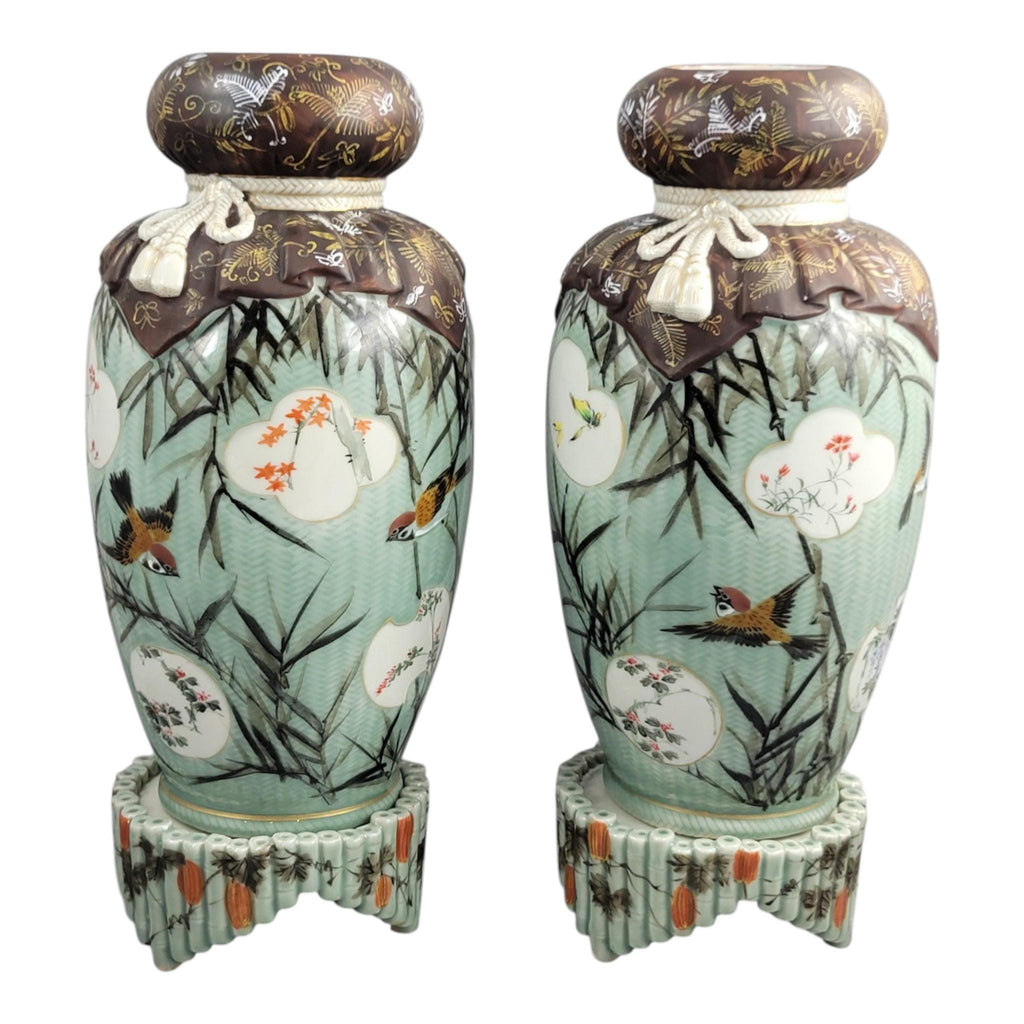 Japanese Seto porcelain vases by Kato Sanhei Meiji period on stands museum quality pair rare