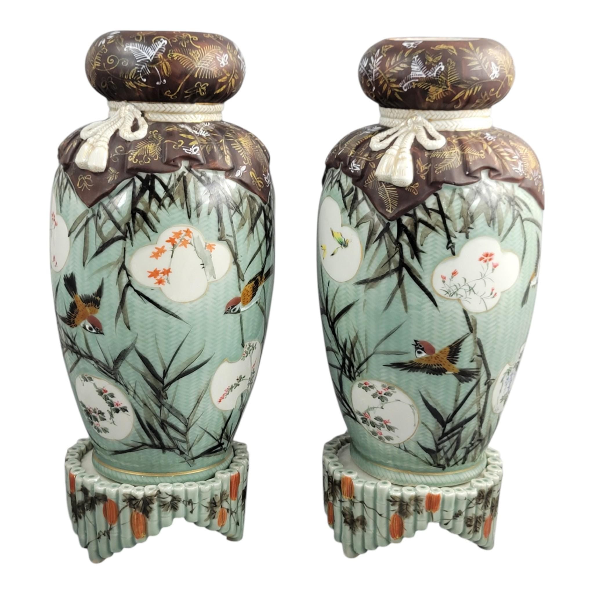 Japanese Seto porcelain vases by Kato Sanhei Meiji period on stands museum quality pair rare