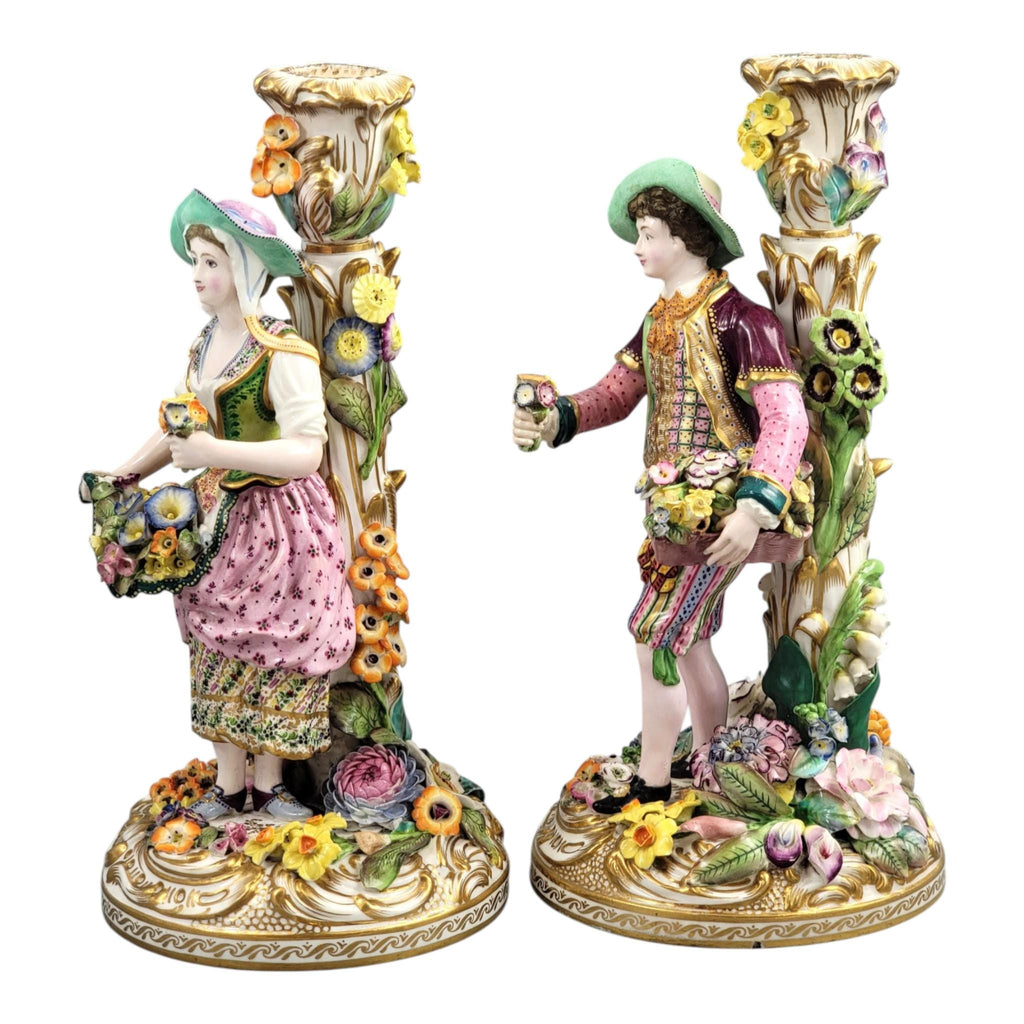 Minton figural candlesticks porcelain pair classical figures English antique rare