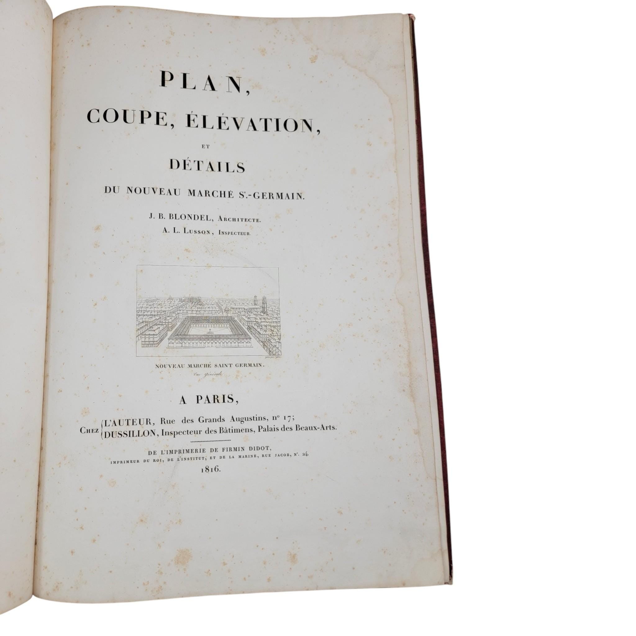 1816 French Architectural Folio by J. B. Blondel, Complete with 11 Engraved Plates, Nouveau Marché Saint-Germain, Paris Urban Design Book