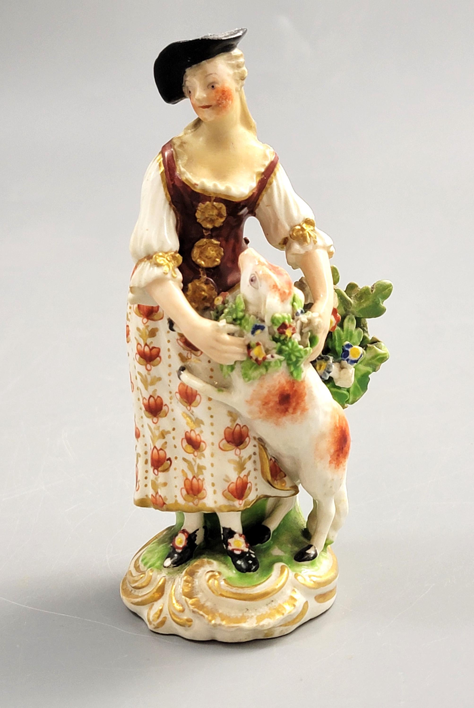 Rare Derby porcelain shepherdess with lamb figure c.1756 pale family period