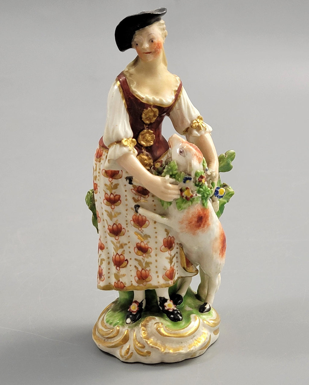 Rare Derby porcelain shepherdess with lamb figure c.1756 pale family period