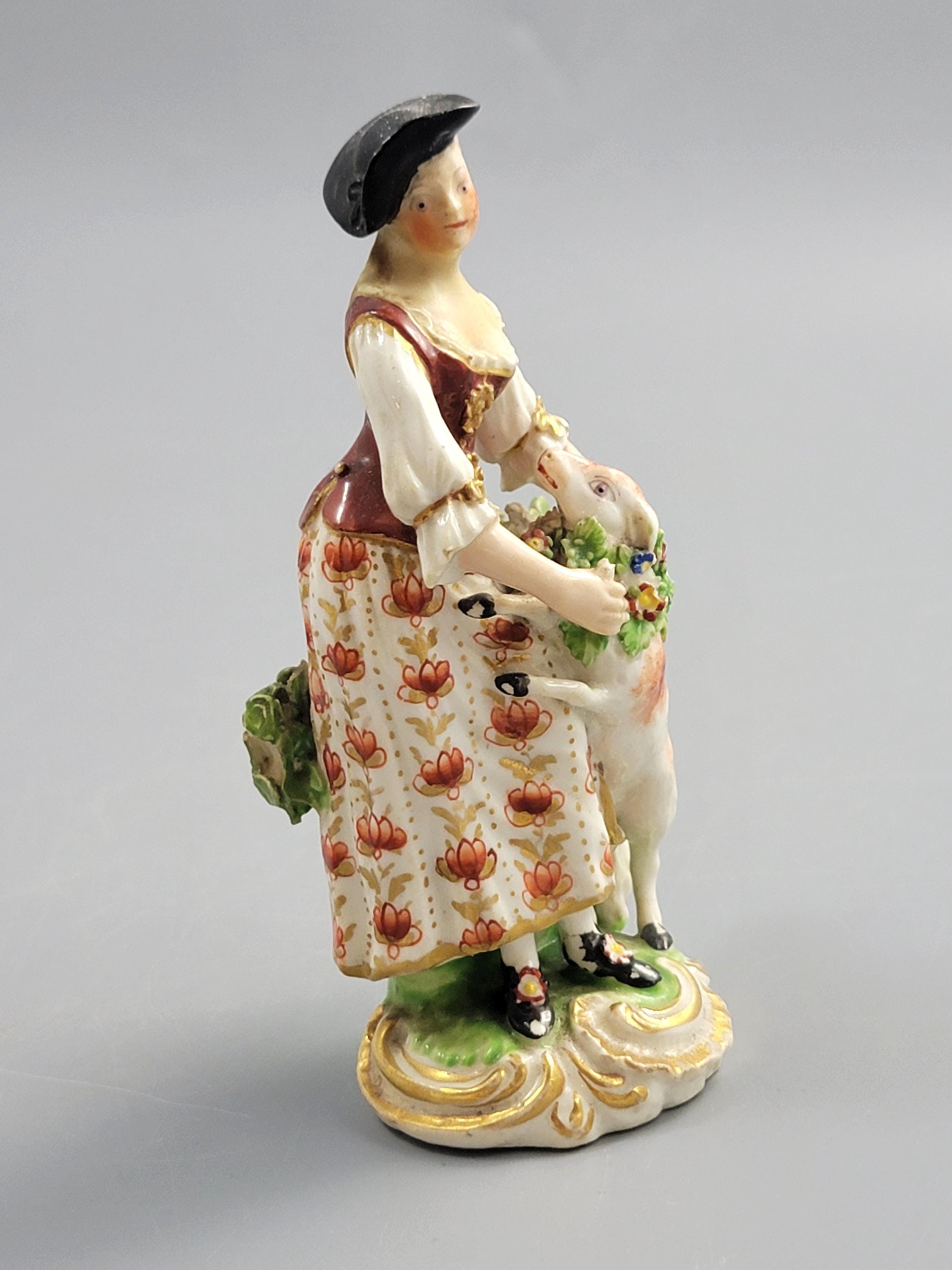 Rare Derby porcelain shepherdess with lamb figure c.1756 pale family period