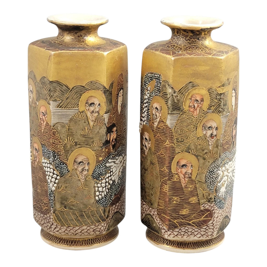 Pair of Japanese Satsuma vases with Rakan, dragon and moriage, Meiji–Taisho period