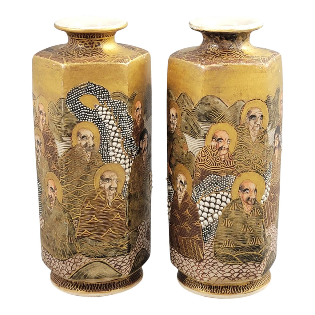Pair of Japanese Satsuma vases with Rakan, dragon and moriage, Meiji–Taisho period