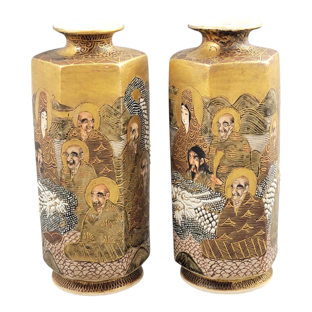 Pair of Japanese Satsuma vases with Rakan, dragon and moriage, Meiji–Taisho period