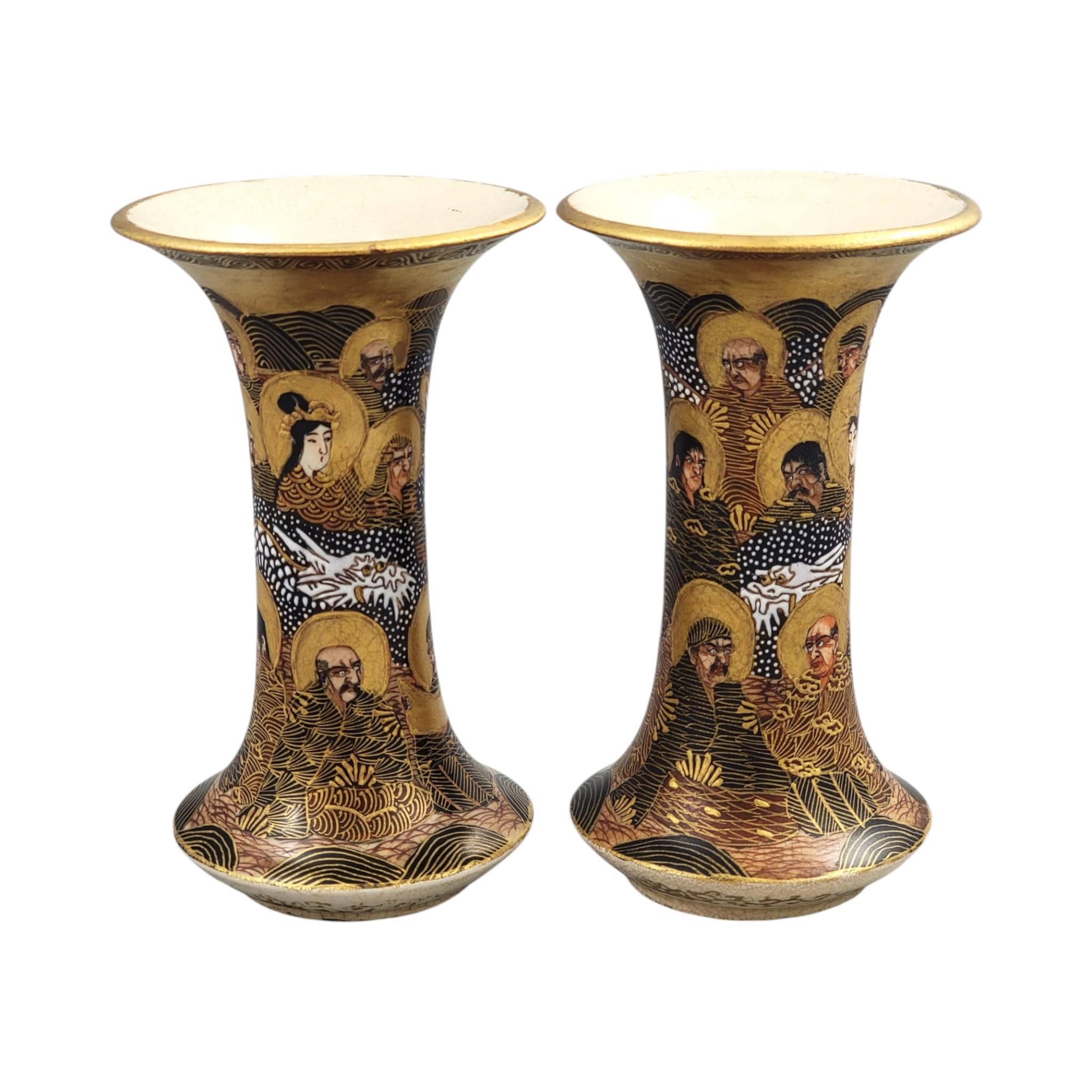 Pair of Japanese Satsuma Hododa vases with Rakan, dragon and moriage, Meiji period