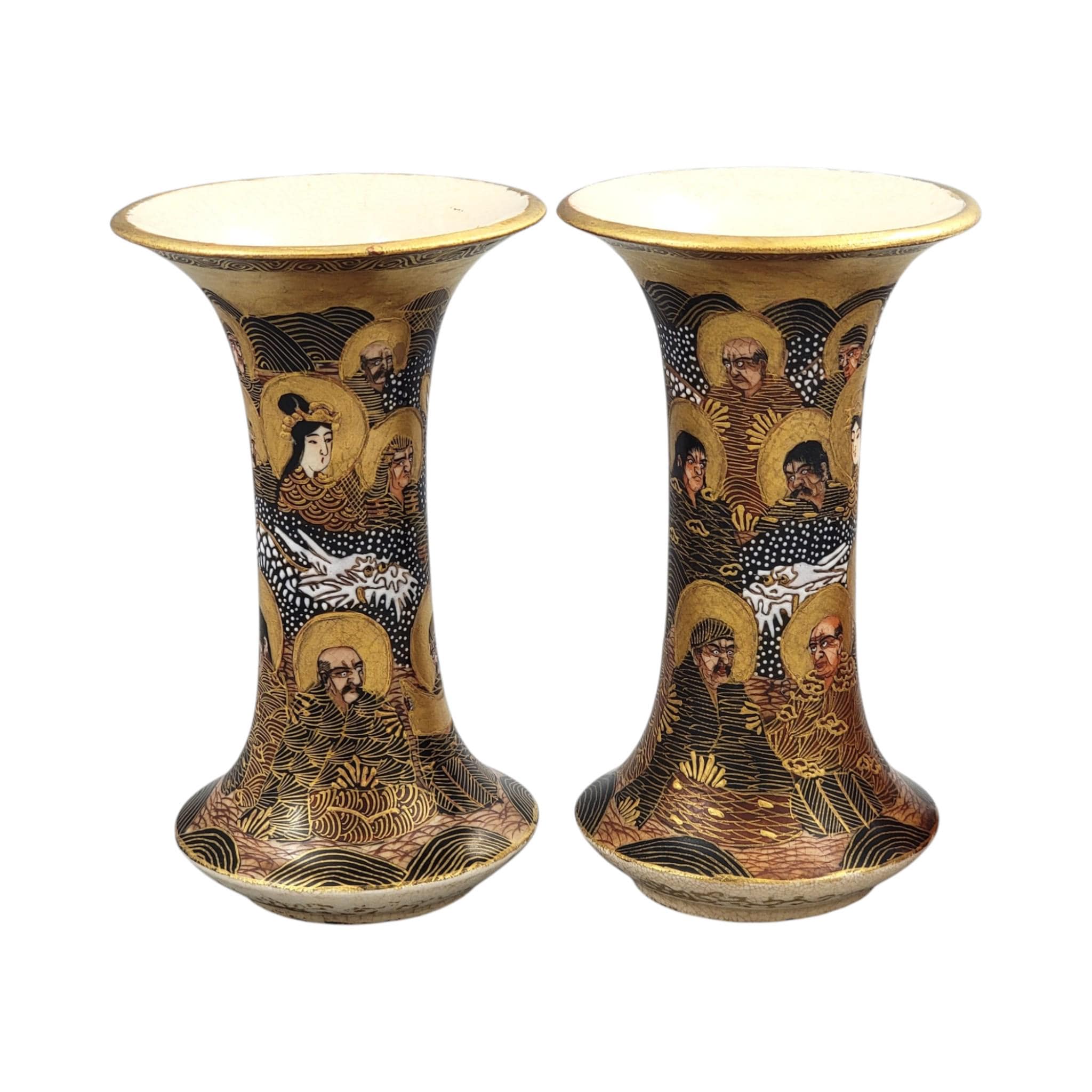 Pair of Japanese Satsuma Hododa vases with Rakan, dragon and moriage, Meiji period